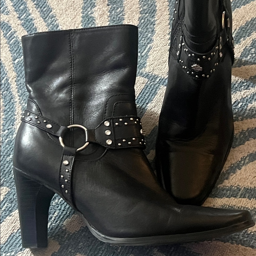 Harley-Davidson Embellished Black Leather Harness Heeled Boots Size 8.5